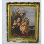 Oil on Canvas, Study of a Cherub in a rose garden, gilt frame