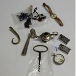 Bagged sterling silver items incl. a miniature aladdin lamp & an 18thC corkscrew & a bag of watches,