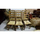 Matching set of 6 pine ladderback kitchen chairs with woven cane seats, stretcher legs (matches