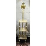 3 Tier Vicrian Brass Standard Lamp, with red marble shelves and a brass oil lamp bowl, 60”h