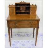 19thC compact Writing Table, with raised galleried compartments, tapered legs, 2 drawers, 27”w x