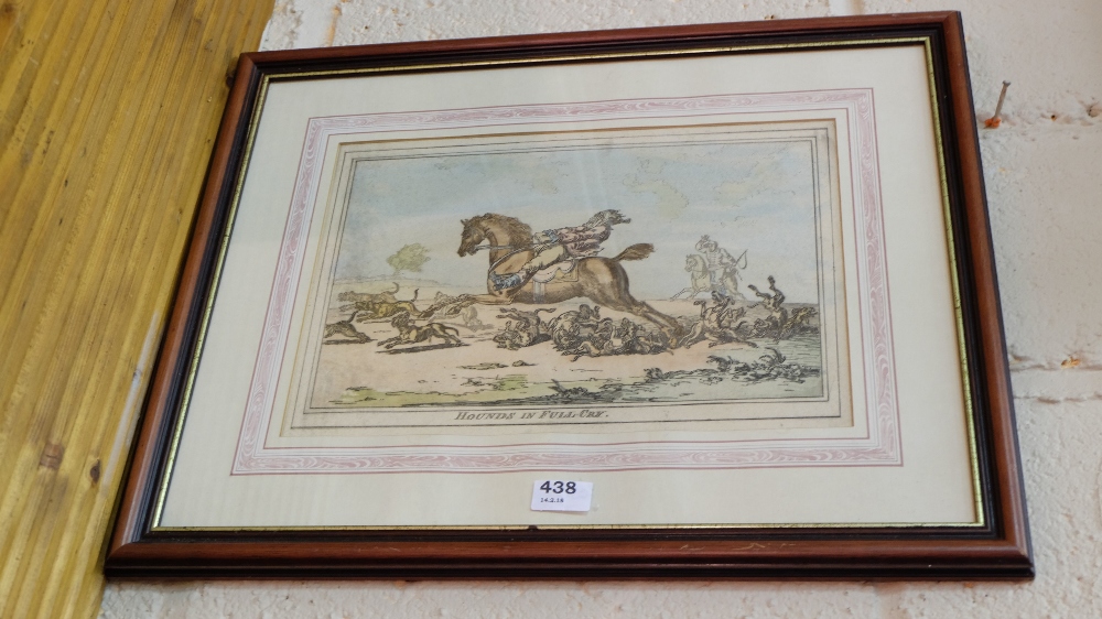 Pair of Pickwick Cartoon Equrian Prints “Hounds Throwing Off” & “Hounds In Full Cry”, framed