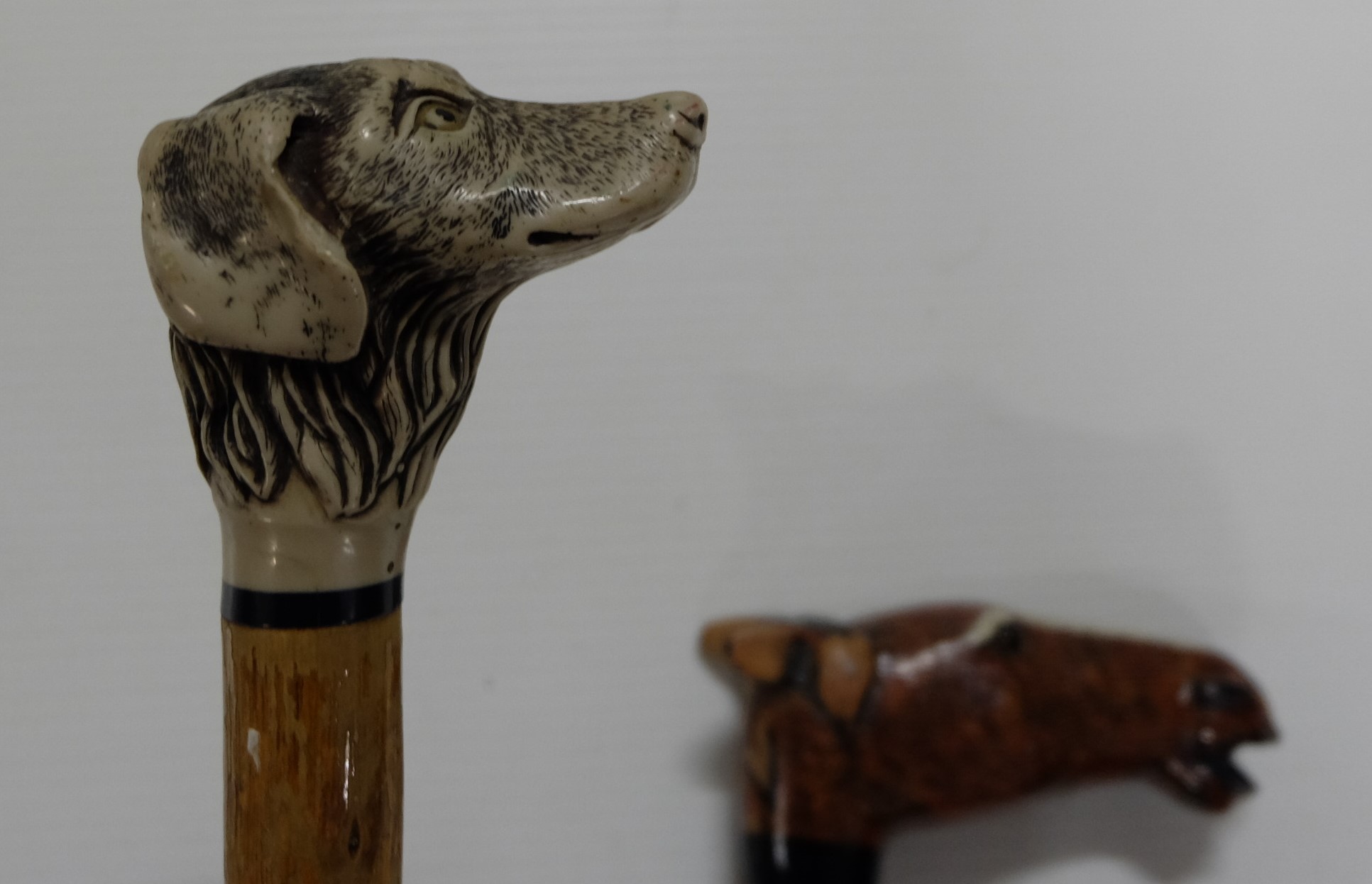 Two wooden walking sticks – 1 with carved handle in the form of a horse, with glass eyes & 1 with - Image 3 of 4