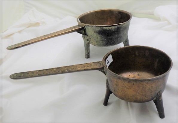 Similar Pair of brass 3-legged Jam Pots, with handles 1 x “Hale & Sons”, 1 x Rbt Streat & Co (2)