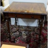 Fine quality mahogany late Vicrian sofa table, with drop flaps and oak lined drawer on turned and