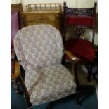 1950’s Armchair & a carved oak framed side chair with red velour fabric (2)