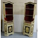 Matching pair of French corner cabinets, each with a shaped p over 3 shelves, one drawer and a