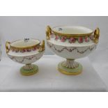 2 graduating Cauldron Dishes, raised on fluted bases, red floral pattern