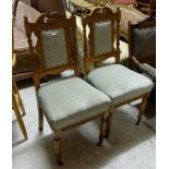 Pair Oak framed Dining Chairs, green padded seats