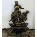 Late 19thC Mantle Clock (working), mounted with spelter figures of a lady and a child, cherubs at