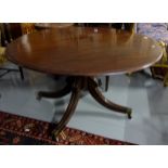 19thC Mahogany Round Table with moulded rim, over a pod base with 4 splayed and ribbed legs, brass