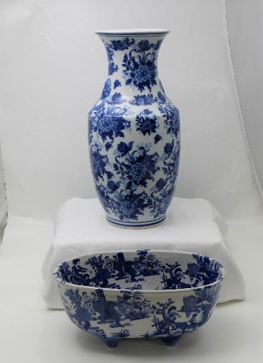 Tall blue and white Vase (18”h) & an oval shaped centre bowl (2) (both modern)