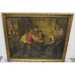 Large Oil Painting – Intering 19thC Interior Tavern Scene, signed lower right, in a moulded gilt
