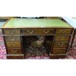 Late 19thC Kneehole Mahogany Writing Desk with 4 drawers on either side, green oled leather p, 54”w