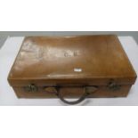 19thC Brown Leather Suitcase, with carrying handle 26” wide