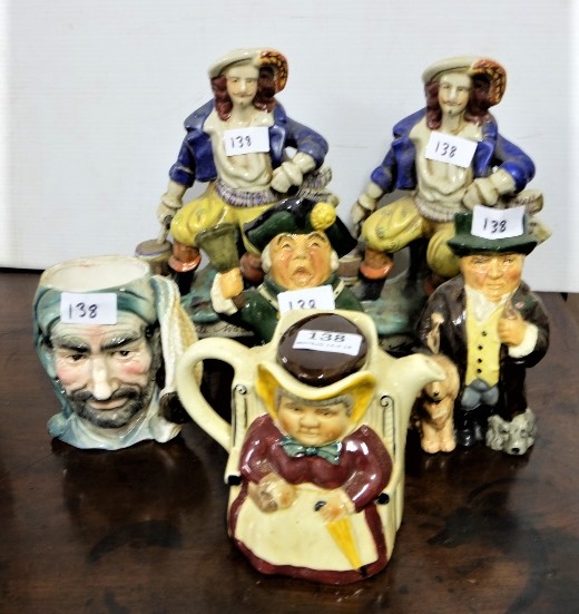 6 character pottery figures, incl a pair of “Will Watch” figures & a ny Wood teapot (6)