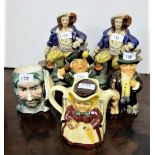 6 character pottery figures, incl a pair of “Will Watch” figures & a ny Wood teapot (6)