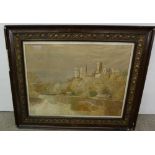 Woven silk wall picture – Sail boat on a river, in view of a castle (25” x 16”), in a walnut frame