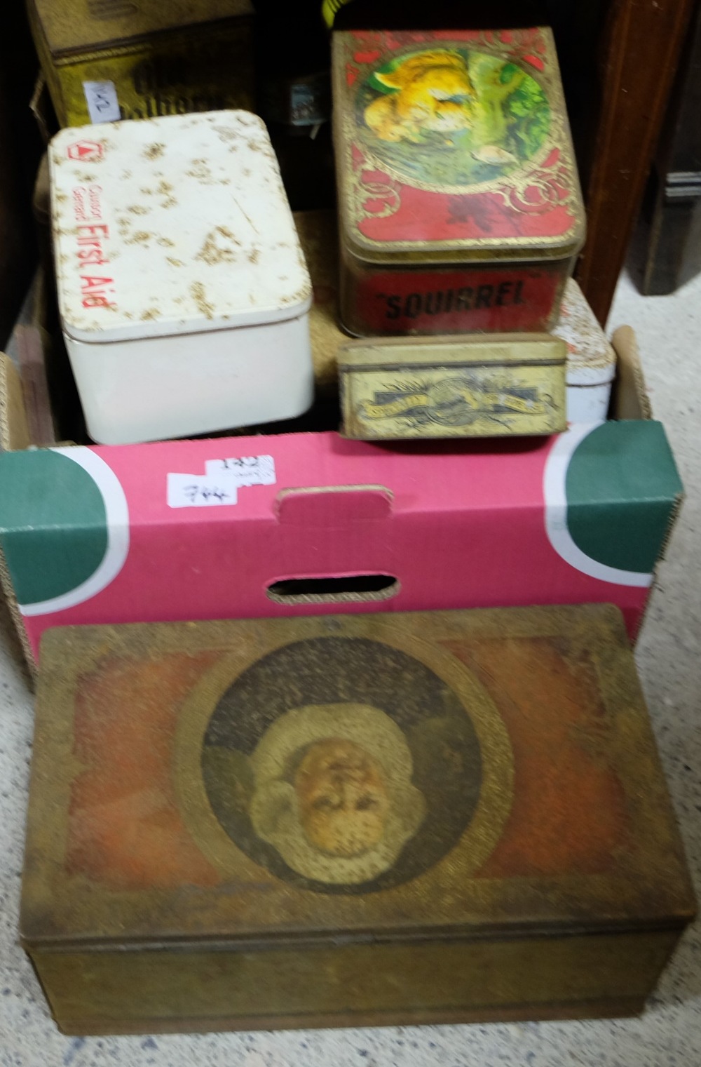 Box of old tins – First Aid Kit, bacco etc