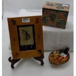 Aboriginal dot-painted ink box (with contents) & Aboriginal art – tribal figures & W Australia dot