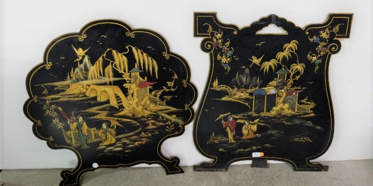 2 Japanned Fire-screens, with Chinese Garden Scenes and figures