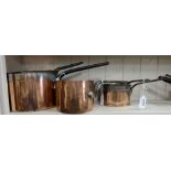 3 graduating antique copper saucepans, two with lids with handles, stamped