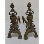 Matching Pair of decorative Brass Fire Dogs, with cast iron supports, each 15”h