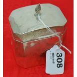 Cher Silver tea caddy with hinged lid and flame finial, 1913, 3.5”h x 2.5”w, (147 grams)
