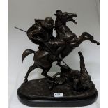 Bronze Table Figure – Crusader on Horseback, slaying a lion, on an oval marble base, 16”h x 16”w