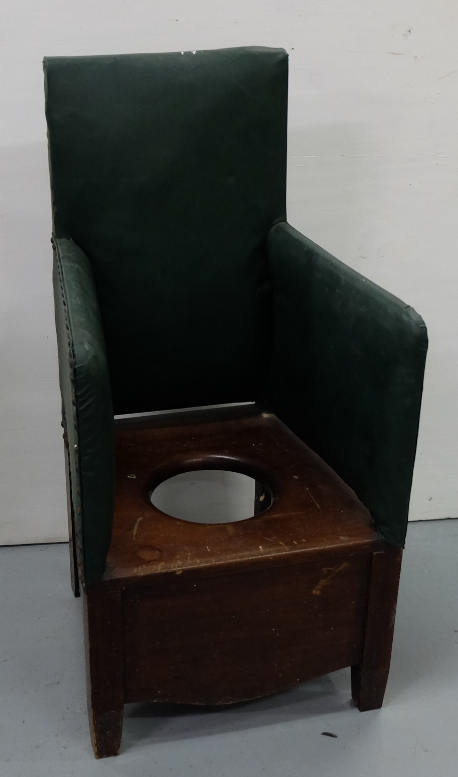 Georgian Child’s Commode, green leather back, mahogany seat, 34”h