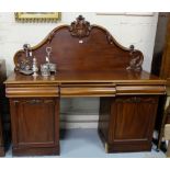 WMIV Mahogany Pedal Sideboard, the raised serpentine shaped gallery over 3 short drawers and two