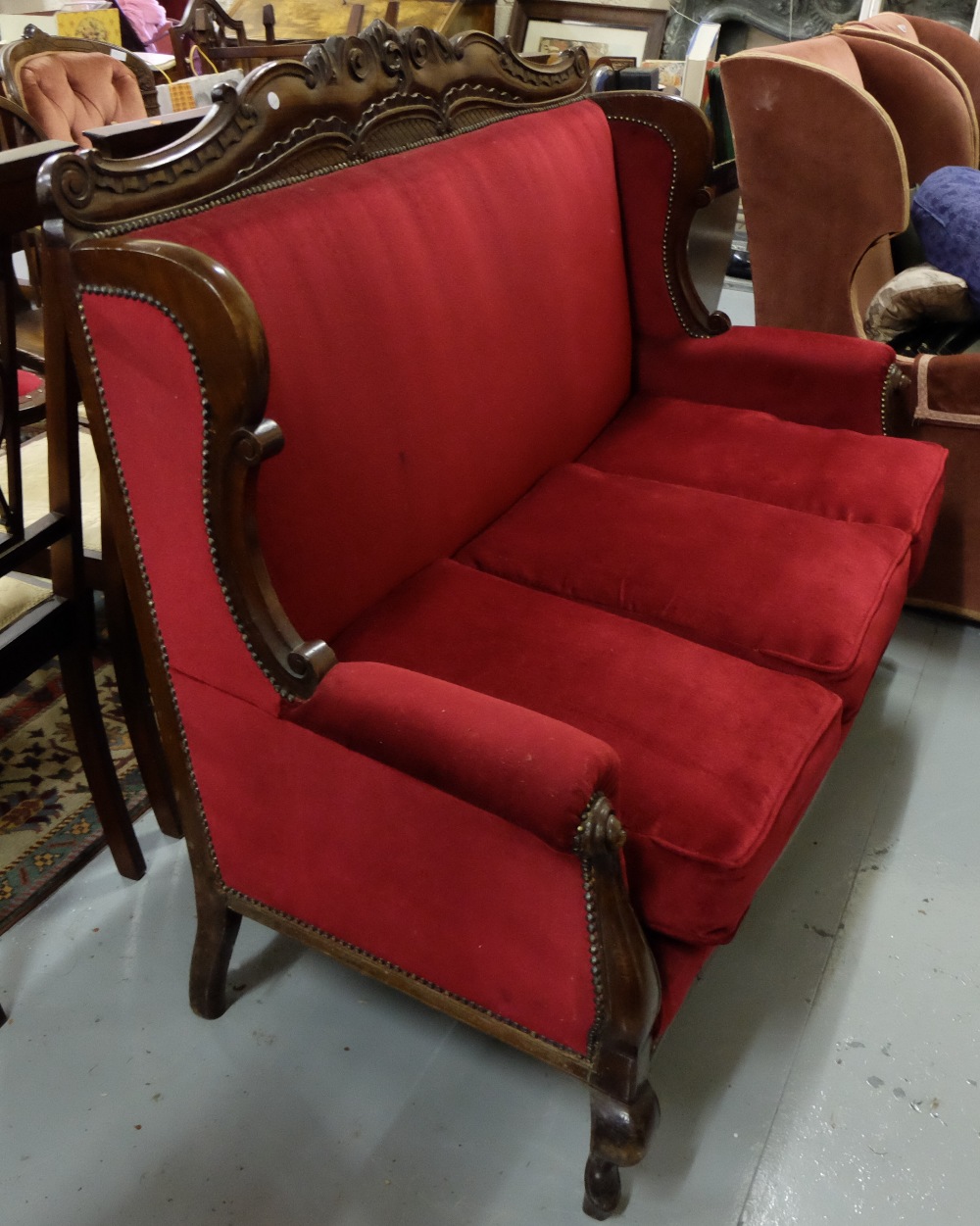 Mahogany framed 3 seater settee with carved p rail and sabre front legs, 56"w x 45"h x 28"d - Image 2 of 2