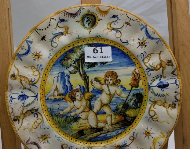 Pair of Fiance Ware Plates, with scalloped borders, cupids the foreground of lakes, each 10” dia - Image 2 of 2