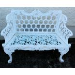 Pair of Cast Iron Garden Benches, horse-shoe designed backs, fretwork seats, 41”w (2 x 2 seaters)