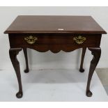 Mahogany Side Table with an apron drawer, brass handles, Queen Ann legs, 31”w x 27”h