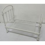 Miniature Iron Bed with base, painted white, on casrs, 24”w