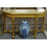 Carved Gilt Console Table, bow-fronted, with attractive rosette frieze, beige marble p, on turned