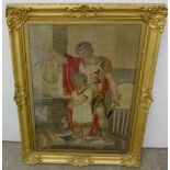 Woven silk and fine stitched wall picture, 19thC, “Go Forth”, guard with young boy, in an ornate
