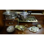 Brass trivet, plated vegetable dish, teapot, sauceboat etc