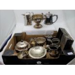 3 hotel plate teapots (1 small), plated chalice replica & box of plate – sauce boat, dish etc