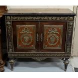French Inlaid Mahogany Side Cabinet, with ornate brass mountings, the two doors decorated in