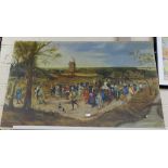 Large Dutch Oil – colourful village procession – signed lower right, on artists board, unframed,