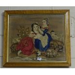 19thC Needlepoint Picture – two girls in blue and red dress “hair braiding”, maple frame, 22”w x