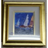 DECLAN MARRY - Acrylic on Canvas – 3 Sail Boats in Dun Laoghaire Harbour, boxed gilt frame, signed