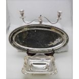 3 pieces of silver plate – Walker & Hall presentation dish & oval tray & a plated candelabra (3)