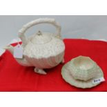 1st Period Belleek Teapot on seashell & an early Belleek sugar bowl and saucer (3) (small chips on
