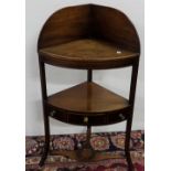 Georgian Mahogany Corner Washstand, with a lidded basin well and lower drawer, 22”w x 41”h