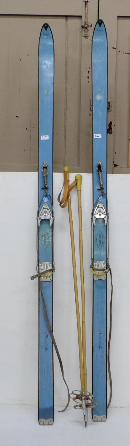 Pair of Swiss handmade Vintage Skis (Attenjofer), 81”h & a pair of wooden ski poles