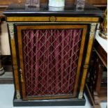 Late 19thC Ebonised Pier Cabinet, walnut inlay side boarders and a single door with brass grille