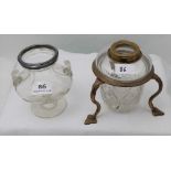 Cut glass lamp bowl in a brass frame & a urn shaped glass bowl with plated p